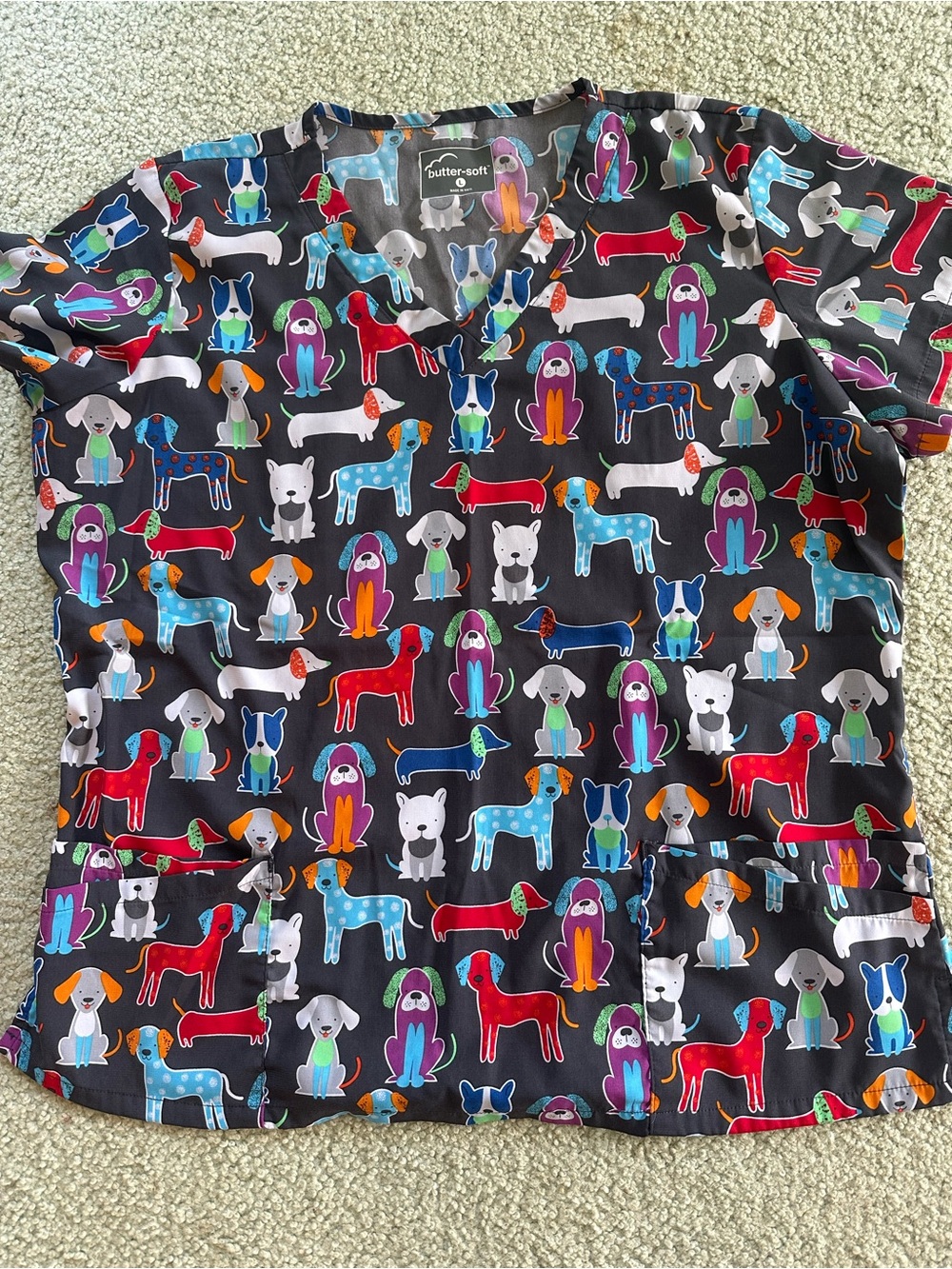 Butter-Soft Colorful Dog Print Scrub Top - SIZE LARGE
